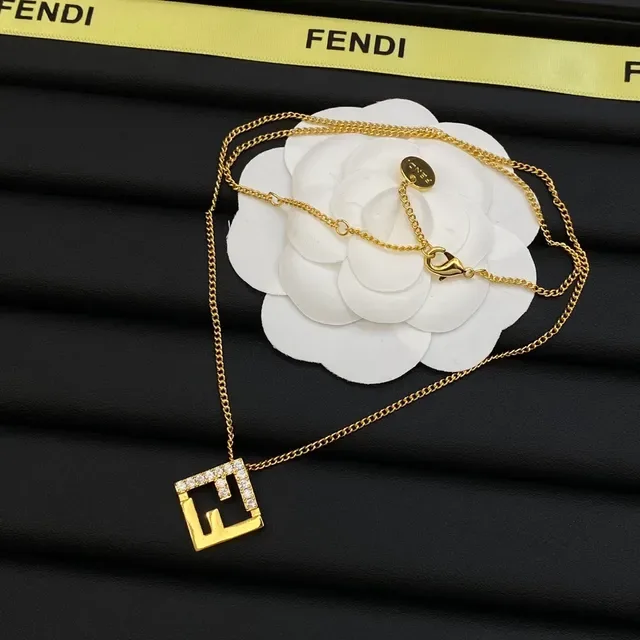 Fendi FF Logo Gold-Tone Pavé Crystal Square Pendant Necklace 5