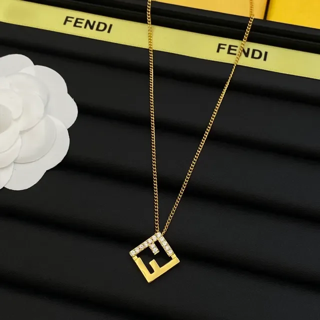 Fendi FF Logo Gold-Tone Pavé Crystal Square Pendant Necklace 6