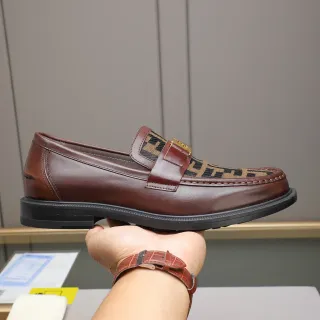 Fendi FF Logo Loafer Brown Black Leather Monogram Fabric Vamp Loafer