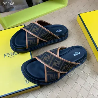 Fendi FF Slide Navy Beige Monogram Jacquard Straps Crossed Strap Design Slippers