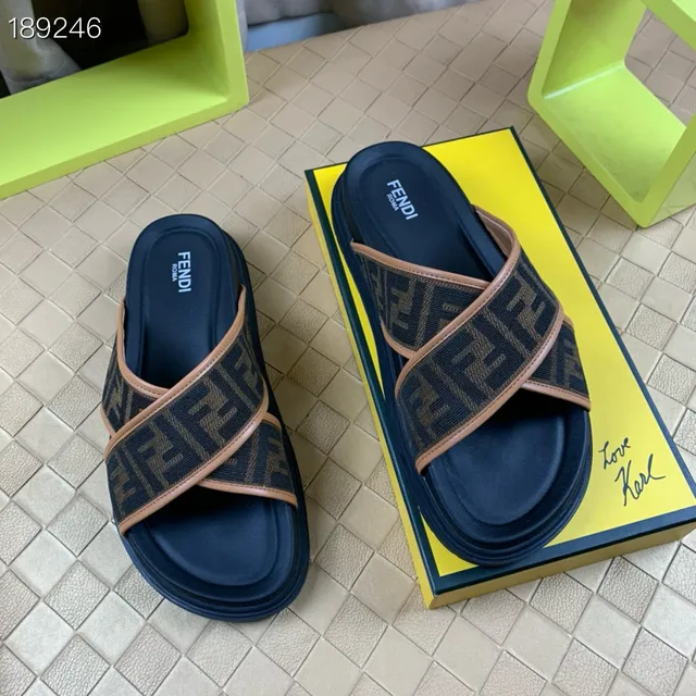 Fendi FF Slide Bleu marine Beige Monogramme Jacquard Lanières Croisées Conception Mules 2