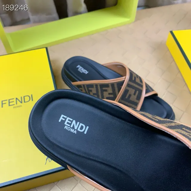 Fendi FF Slide Bleu marine Beige Monogramme Jacquard Lanières Croisées Conception Mules 3