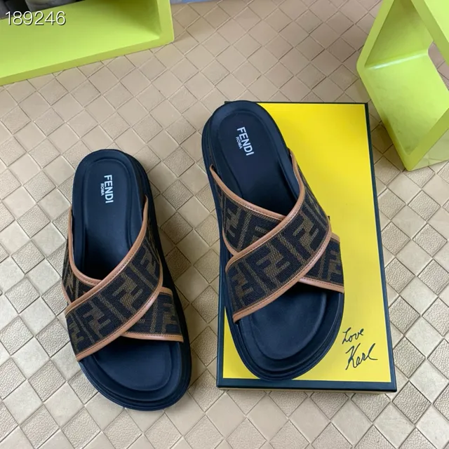 Fendi FF Slide Bleu marine Beige Monogramme Jacquard Lanières Croisées Conception Mules 4
