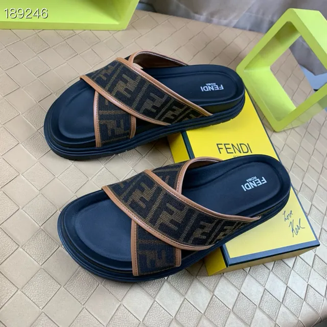 Fendi FF Slide Bleu marine Beige Monogramme Jacquard Lanières Croisées Conception Mules 5