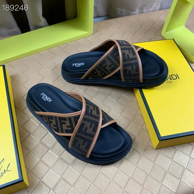 Fendi FF Slide Bleu marine Beige Monogramme Jacquard Lanières Croisées Conception Mules 6