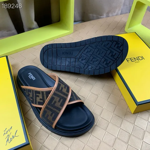 Fendi FF Slide Bleu marine Beige Monogramme Jacquard Lanières Croisées Conception Mules 7