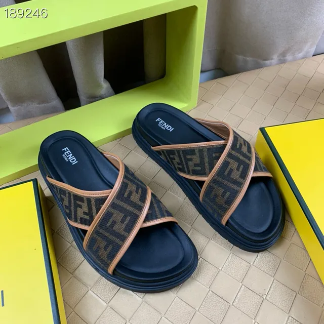 Fendi FF Slide Bleu marine Beige Monogramme Jacquard Lanières Croisées Conception Mules 8