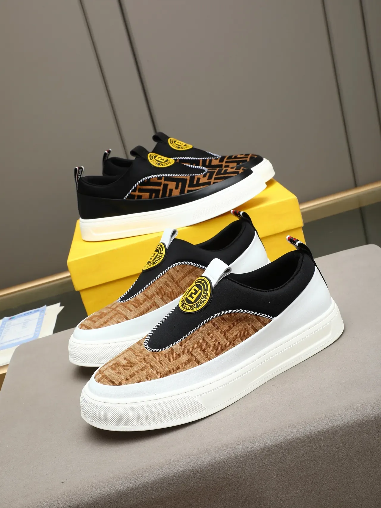 Fendi FF Slip-On Tan Black White Sneakers Lifestyle 2