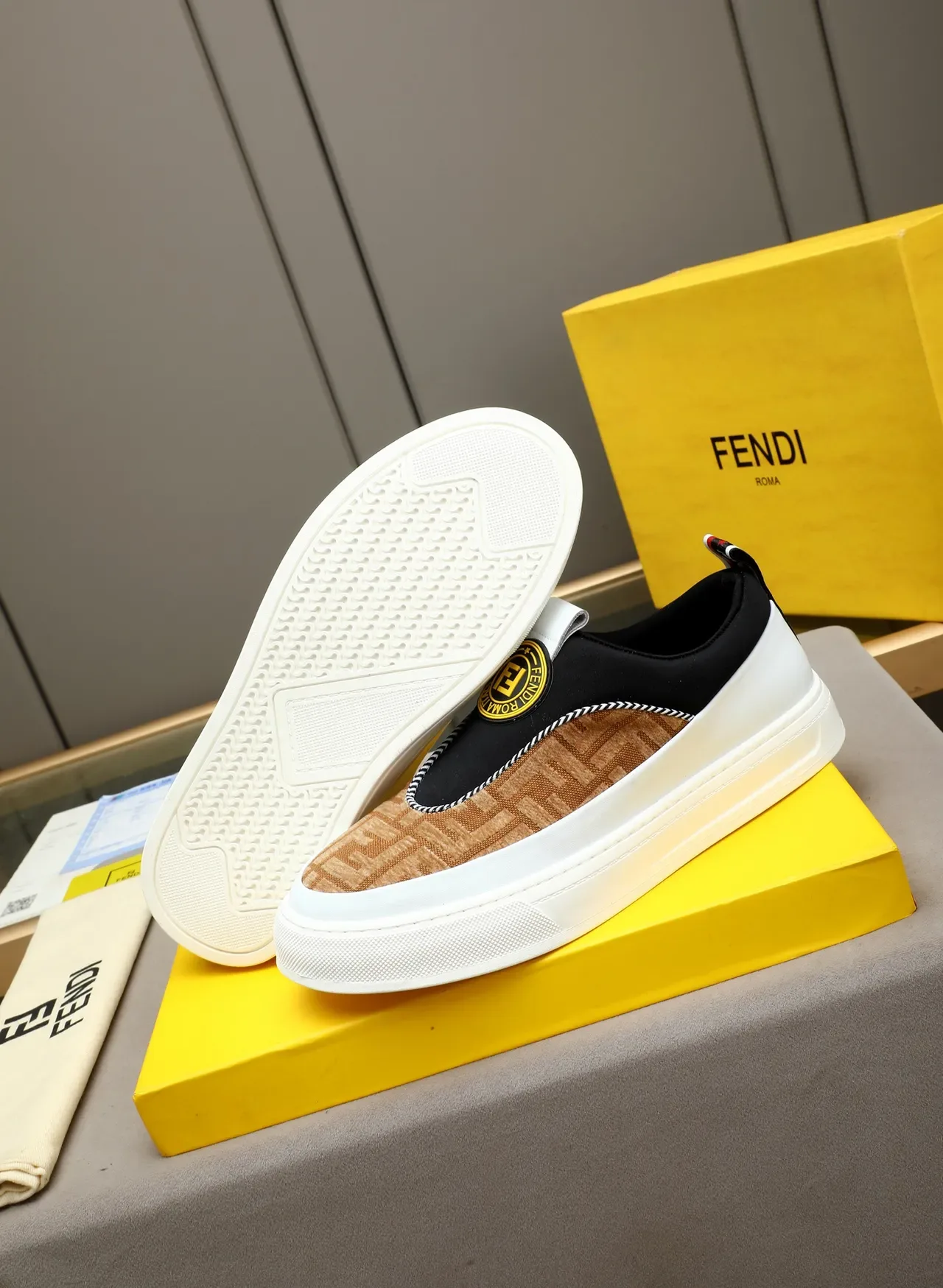 Fendi FF Slip-On Tan Black White Sneakers Lifestyle 4