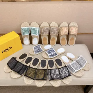 Fendi FF Strap Slide Beige Multicolor Raffia Sole Monogrammed Slippers