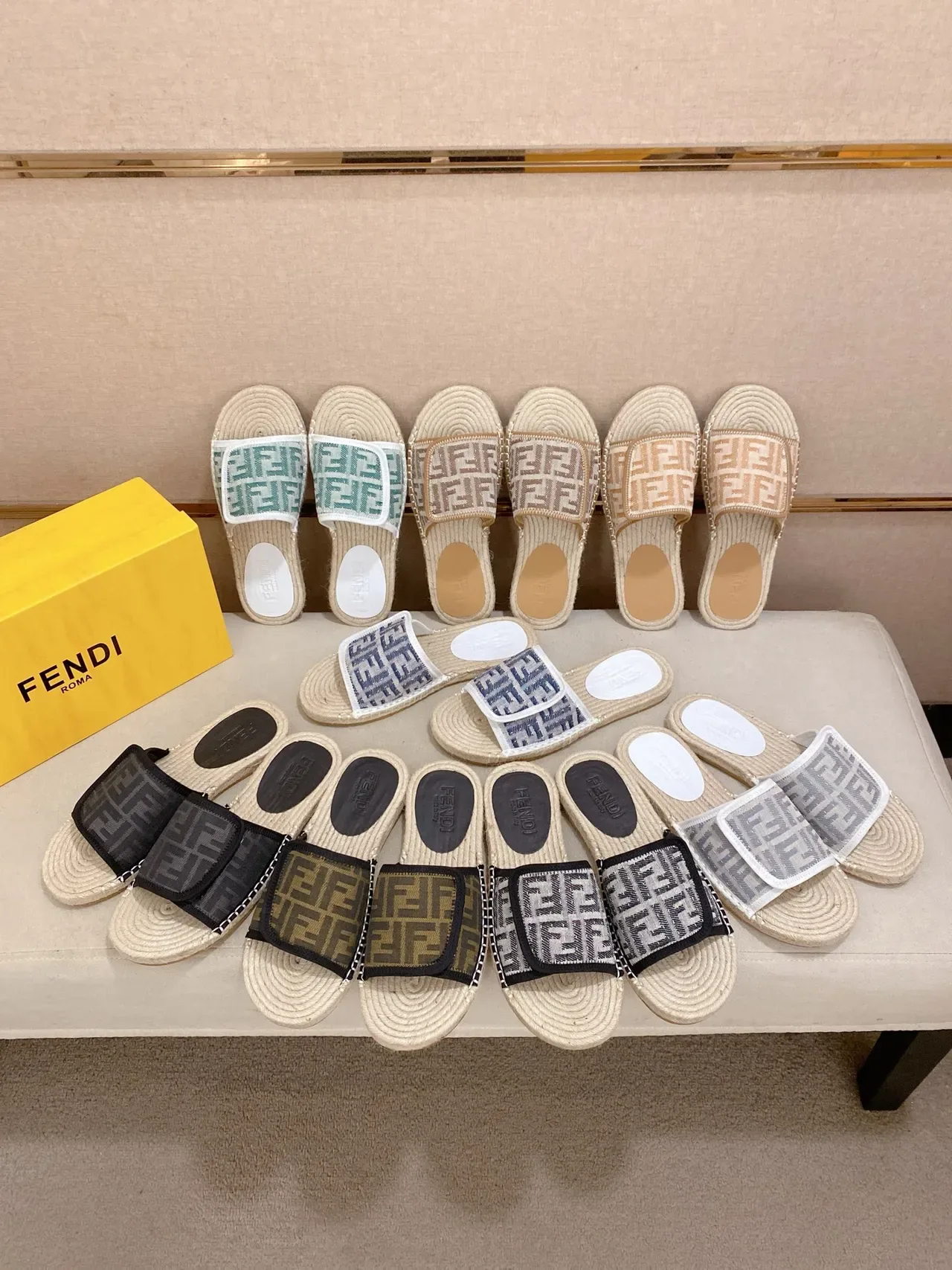 Fendi FF Strap Slide Beige Multicolor Raffia Sole Monogrammed Slippers 1