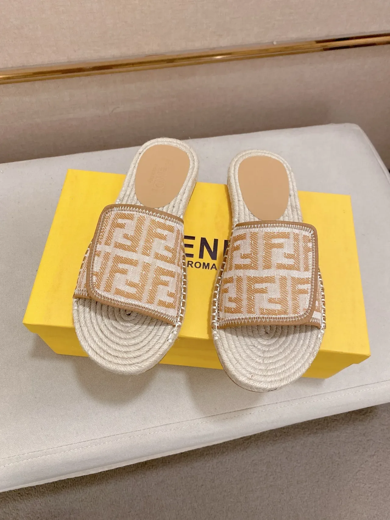 Fendi FF Strap Slide Beige Multicolor Raffia Sole Monogrammed Slippers 3