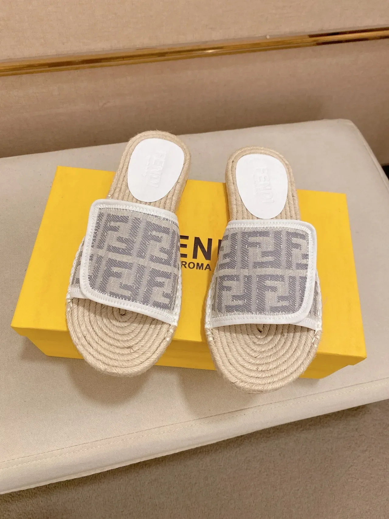 Fendi FF Strap Slide Beige Multicolor Raffia Sole Monogrammed Slippers 6