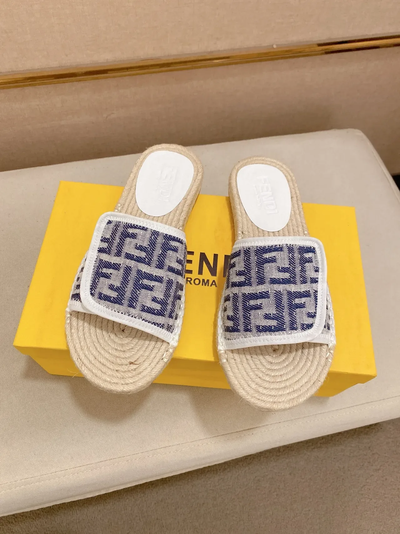 Fendi FF Strap Slide Beige Multicolor Raffia Sole Monogrammed Slippers 8
