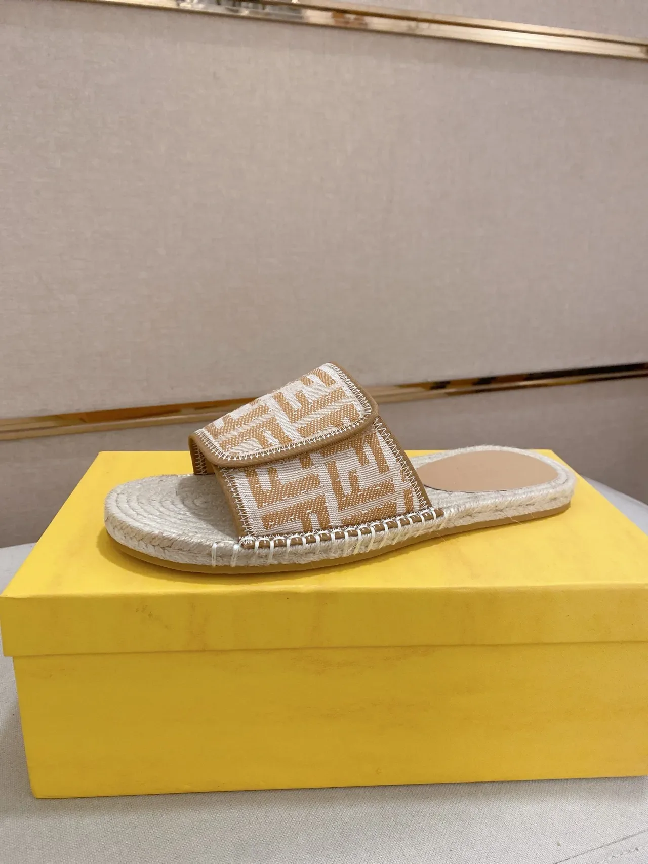 Fendi FF Strap Slide Beige Multicolor Raffia Sole Monogrammed Slippers 11