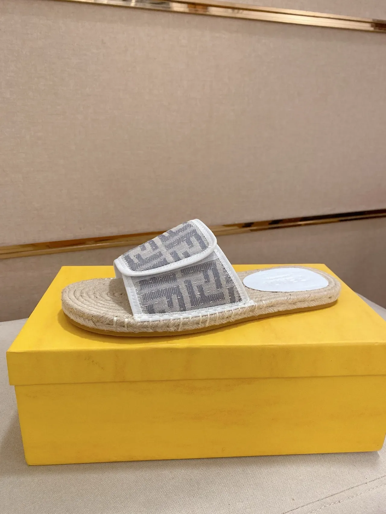 Fendi FF Strap Slide Beige Multicolor Raffia Sole Monogrammed Slippers 14