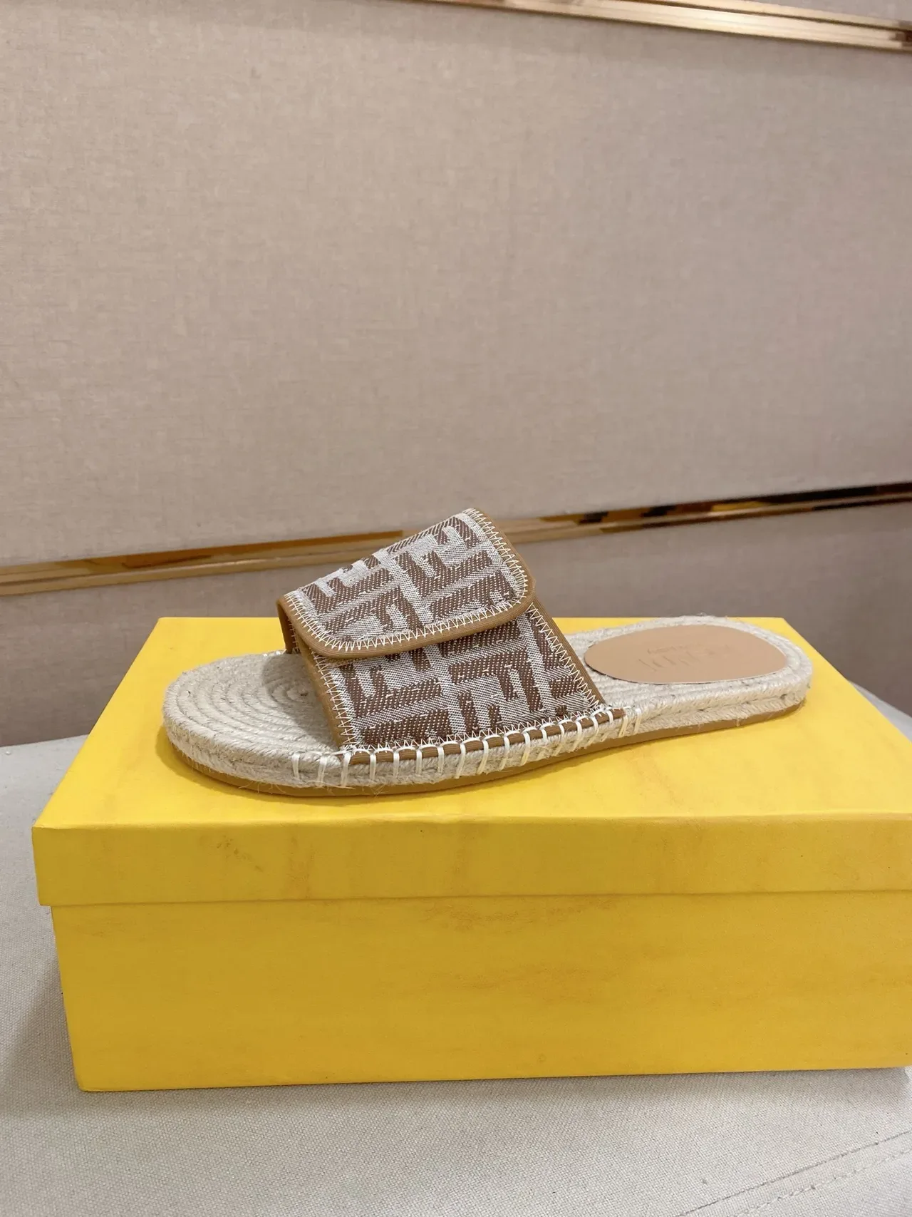 Fendi FF Strap Slide Beige Multicolor Raffia Sole Monogrammed Slippers 15