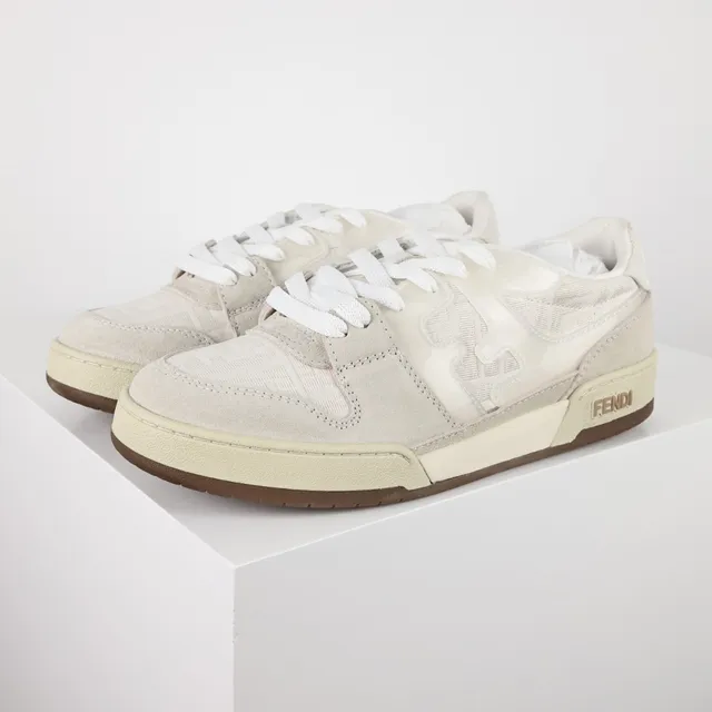 Fendi First Bege Marrom Tênis Lifestyle com Camadas de Suede e Superior de Tecido Overlay Motivo Tonal FF 2