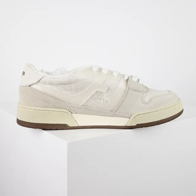 Fendi First Bege Marrom Tênis Lifestyle com Camadas de Suede e Superior de Tecido Overlay Motivo Tonal FF 7