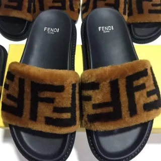 Fendi Fur Slides Tan and Black Shearling Strap Slippers