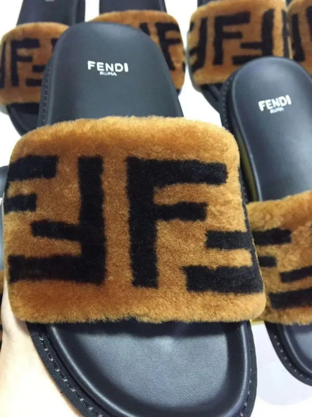 Fendi Fur Slides Tan and Black Shearling Strap Slippers 2