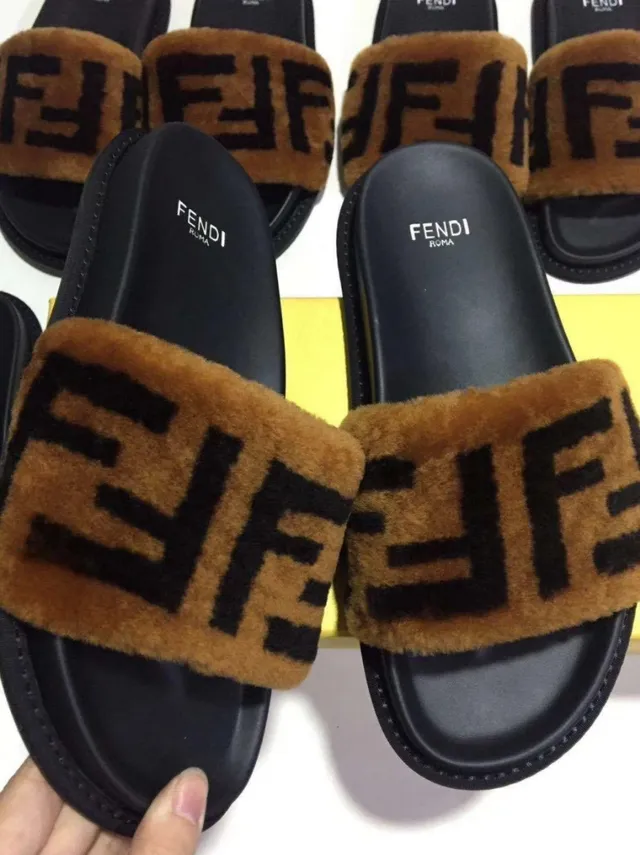 Fendi Fur Slides Tan and Black Shearling Strap Slippers 3