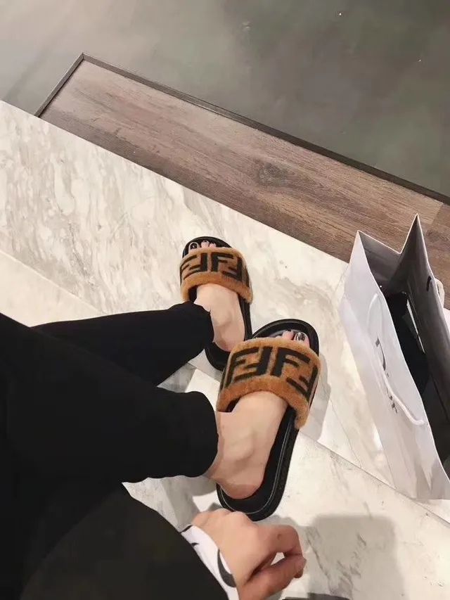 Fendi Fur Slides Tan and Black Shearling Strap Slippers 4