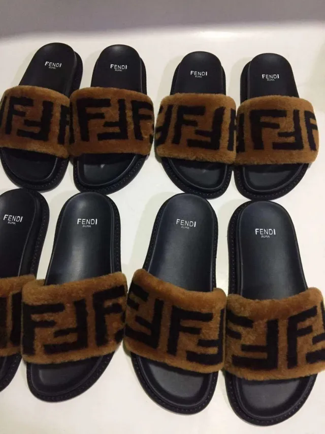 Fendi Fur Slides Tan and Black Shearling Strap Slippers 5