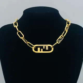 Fendi Gold Chunky Oval-Link Chain Pavé-Crystal FF Pendant Necklace
