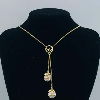 Fendi Gold White Lariat Double Pearl Pom-Pom Drop Necklace