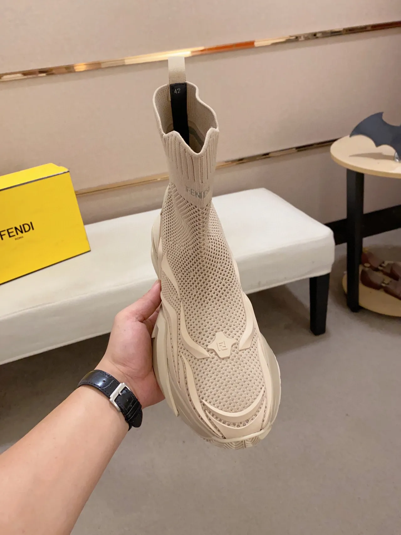 Fendi Speed Trainer Beige Tênis chunky com ajuste de meias de malha 5