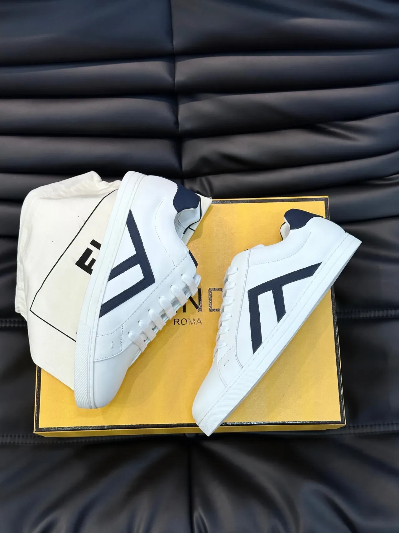 Fendi White and Navy Leather Lifestyle Sneakers 8