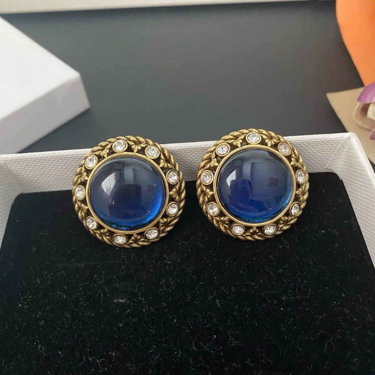 Antique Gold-Tone Braided Rope Cabochon Crystal Stud Earrings 6