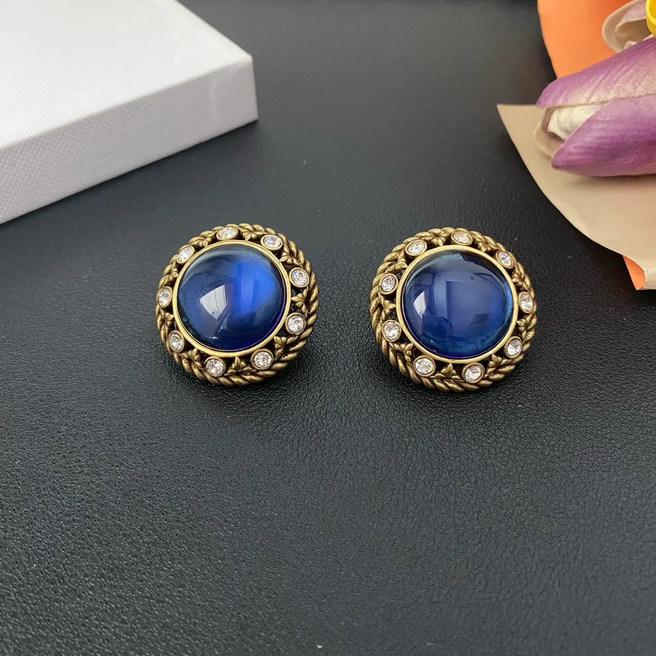 Antique Gold-Tone Braided Rope Cabochon Crystal Stud Earrings 9