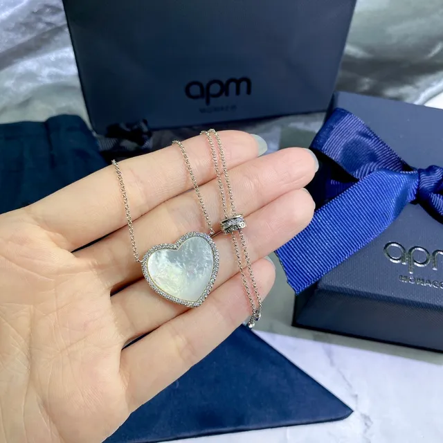 apm Monaco Heart Silver White Pendant Mother-of-Pearl Center Necklace 4