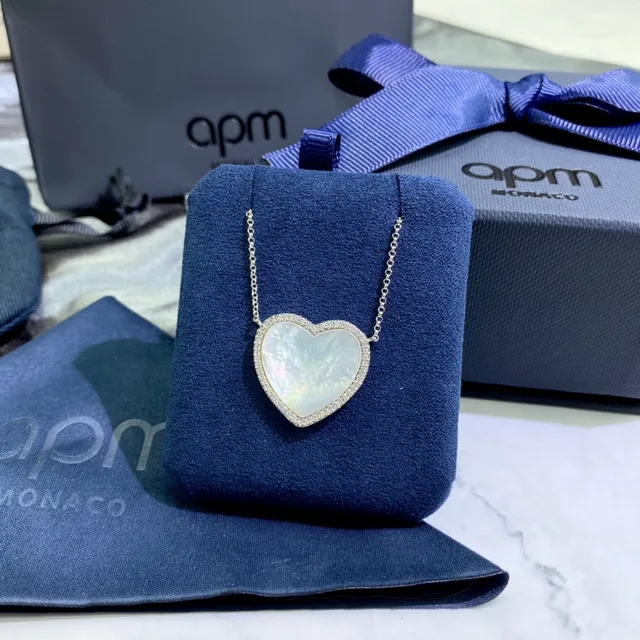 apm Monaco Heart Silver White Pendant Mother-of-Pearl Center Necklace 8