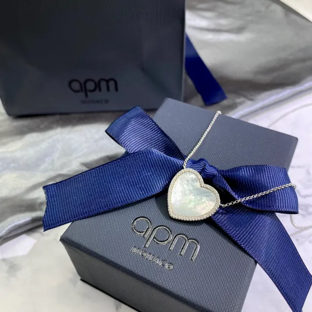 apm Monaco Heart Silver White Pendant Mother-of-Pearl Center Necklace 9