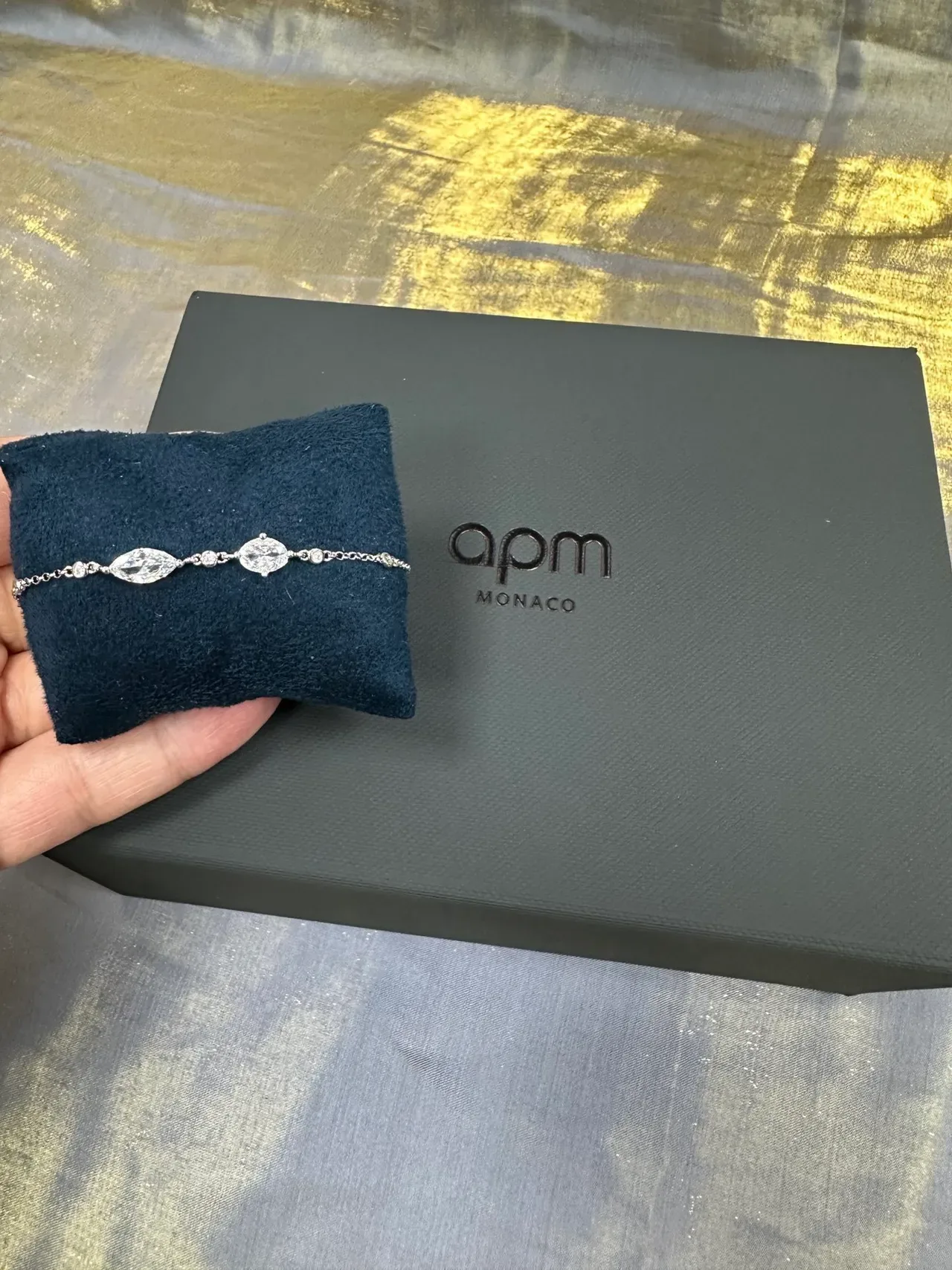 apm Monaco Silver Black Fine Chain Marquise-Cut Crystals Bracelet 9