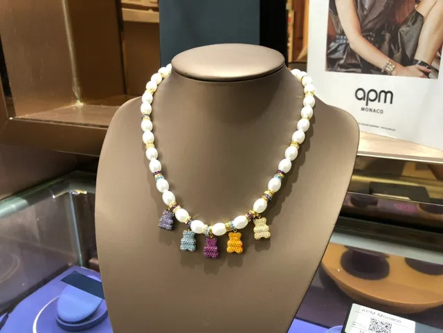 apm Monaco White Multicolor Pearl Strand Enamel Bear Charms Necklace 7