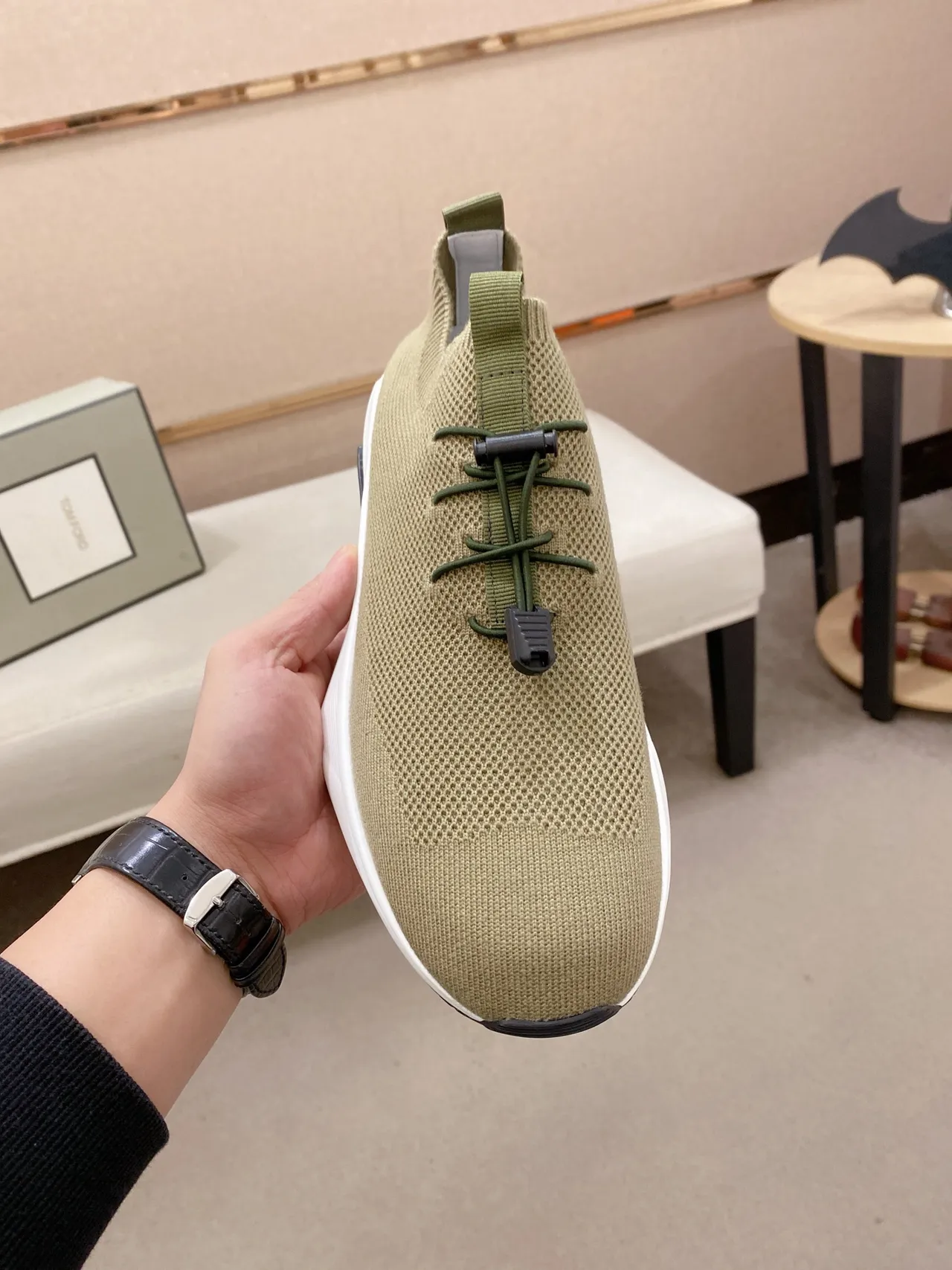 Army Green White Knit Sock-Fit Upper Toggle-Lace Closure Sneakers 5
