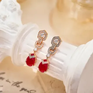 Articulated Chain-Link Teardrop Red Gemstone Earrings