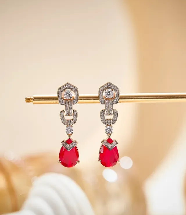 Articulated Chain-Link Teardrop Red Gemstone Earrings 4