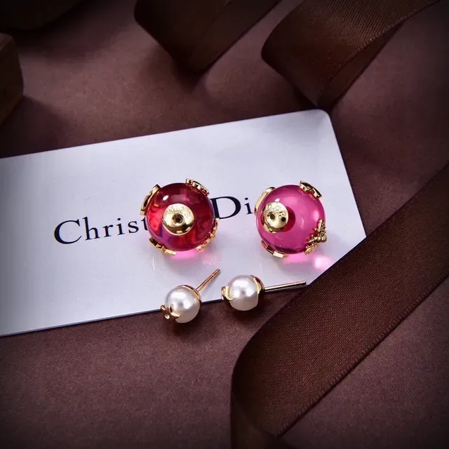 Asymmetrical Pink and Red Resin Sphere Pearl Drop Earrings 3