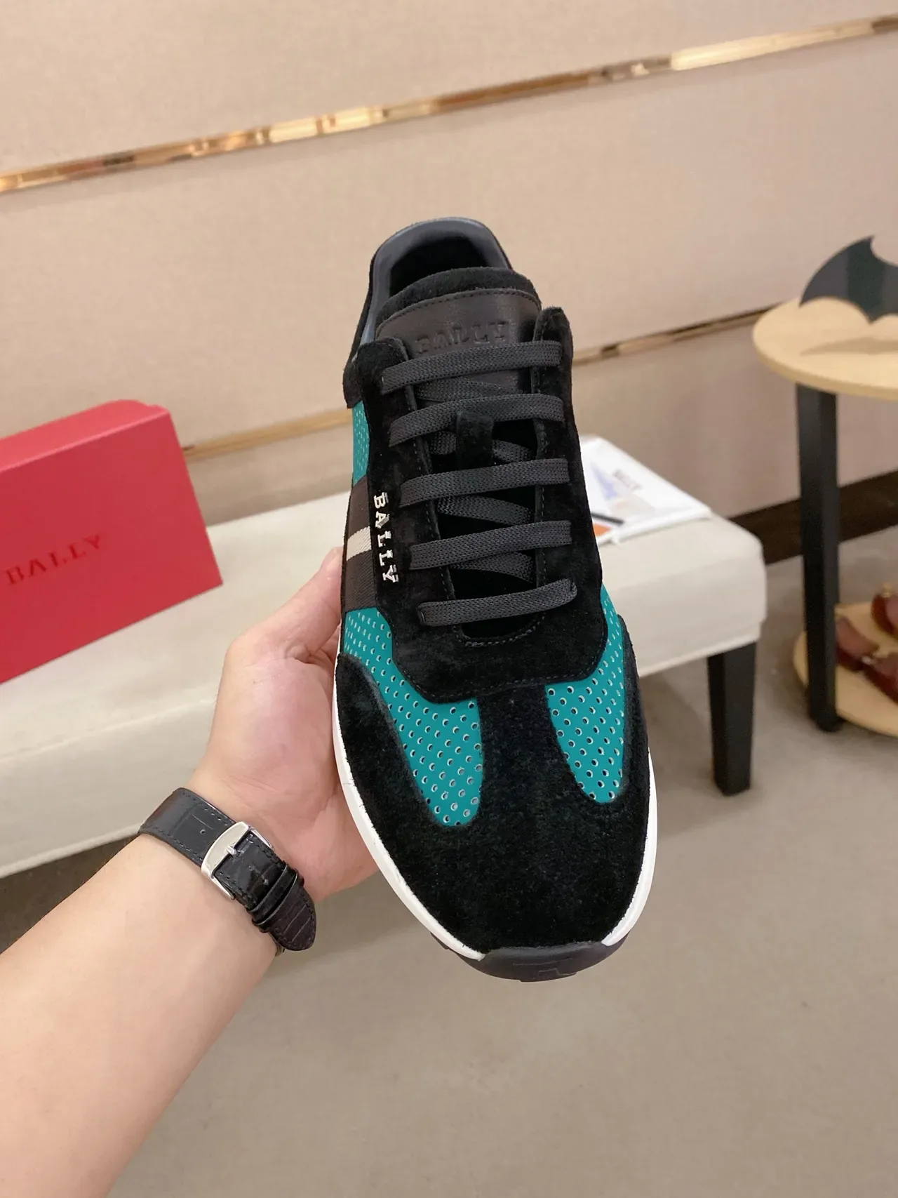 Bally Black Blue Suede Teal Perforated Mesh Sneakers 6