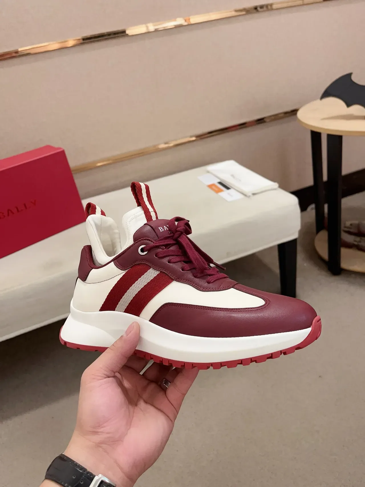 Bally Burgundy White Leather-and-Synthetic Panelled Striped Side Accent Sneakers 4