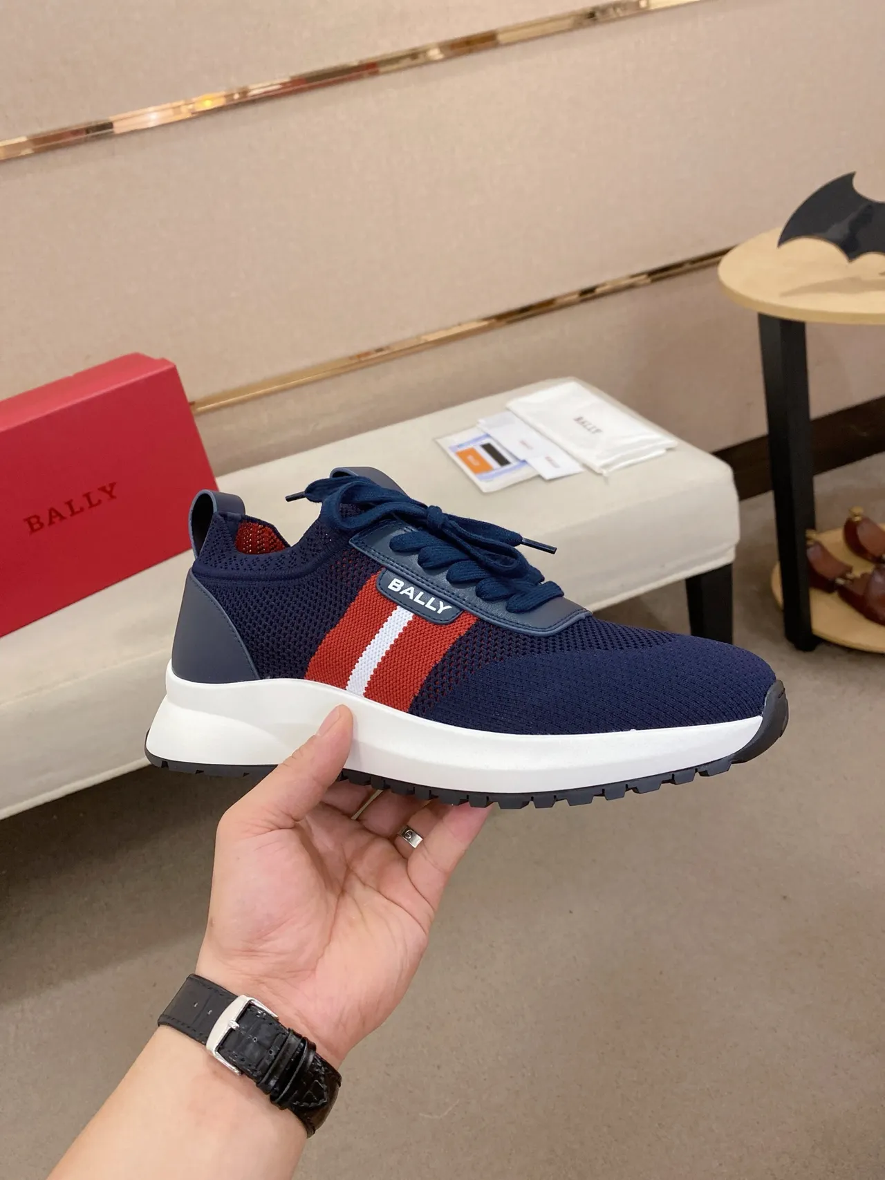 Bally Navy Red Knit Upper Side Stripe Accent Lifestyle Sneakers 4