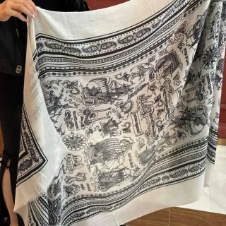 Beige Black Illustrated Nautical Motif Paisley Border Bands Scarve