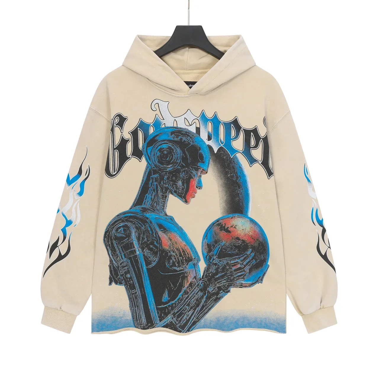 Beige Blue Oversized Fit Graphic-Print Front And Back Hoodie 2