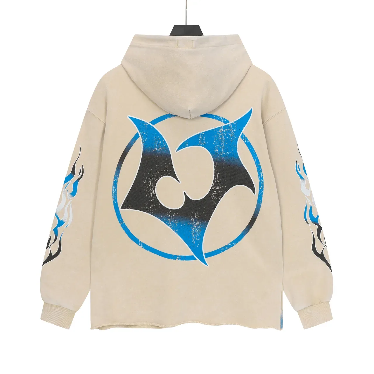 Beige Blue Oversized Fit Graphic-Print Front And Back Hoodie 3