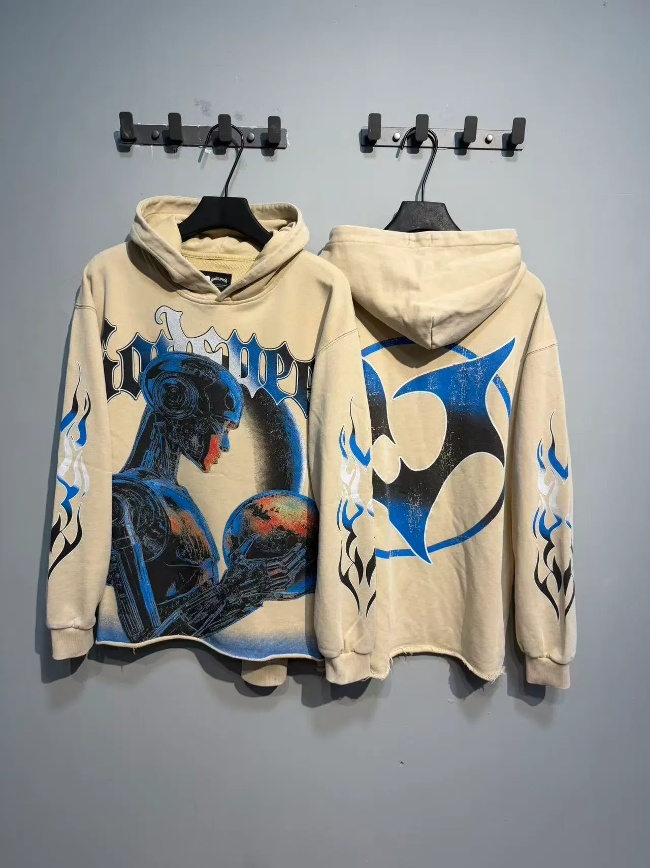Beige Blue Oversized Fit Graphic-Print Front And Back Hoodie 5